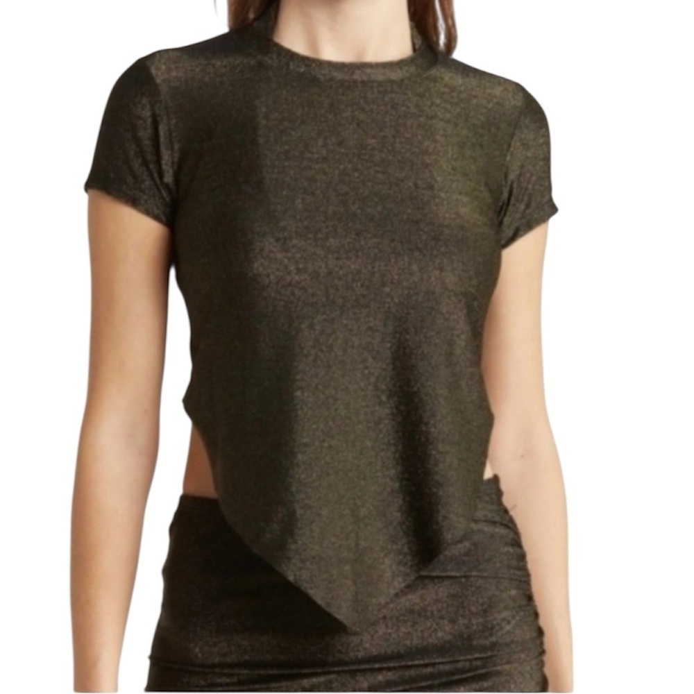 VYB Metallic Asymmetrical Hem Top Short Sleeves Swim Cover Crop SM